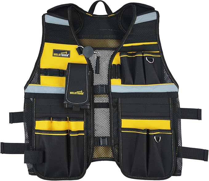 MELOTOUGH Tool Vest Reflective Safety Tool Vest with Removable Phone Holder,Retractable Pen Holder for Handyman,Electrician,Carpenters(Yellow)