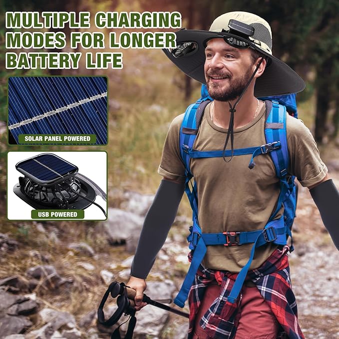 Syhood Solar Powered Fan Hat with Arm Sleeves Neck Gaiter for Men Women Outdoor Wide Brim Bucket Hat with Fan for Hiking