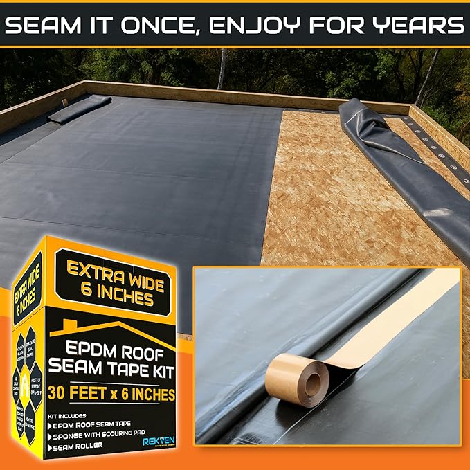 EPDM Rubber Roofing Seam Tape Kit - 30 Feet x 6 Inch - Double Sided Butyl Tape – Black Self Adhesive for Liner Bonding Sealing Repairs – Works with EPDM TPO Hypalon and Other Membranes