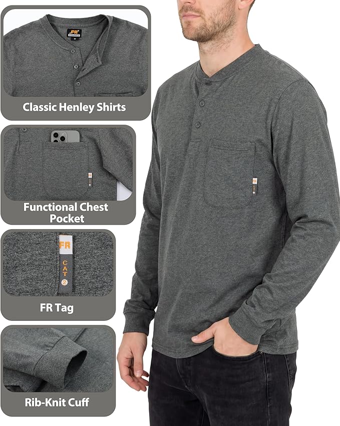 KONRECO FR Shirts for Summer Flame Resistant Shirt 5.5oz Light Weight CAT2 Henley Shirts
