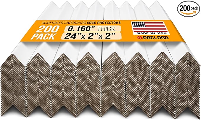 24" x 2" x 2" Reinforced Cardboard Edge Protectors, White (Pack of 200) – 0.16" Thick Heavy-Duty Cardboard Corner Protectors for Shipping – American Quality V-Board Pallet Edge Guard