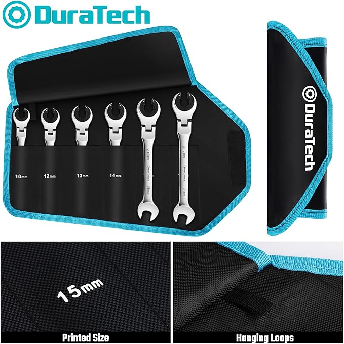 DURATECH 6-Piece Ratcheting Wrench Set with Open Flex-head, Metric Ratcheting Tubing Wrench Set, 10-17mm, 72-Tooth Gear, CR-V Steel, with Organizer Bag, Gifts for Men