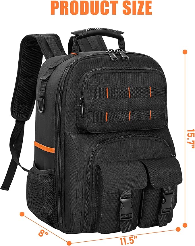 Tool Backpack, Heavy Duty Tool Bag with Padded Shoulder and Removable Tool Organizer, Water-Resistant Work Backpack, for Electrician, Plumber, HVAC, Cable Repairman, Black & Orange
