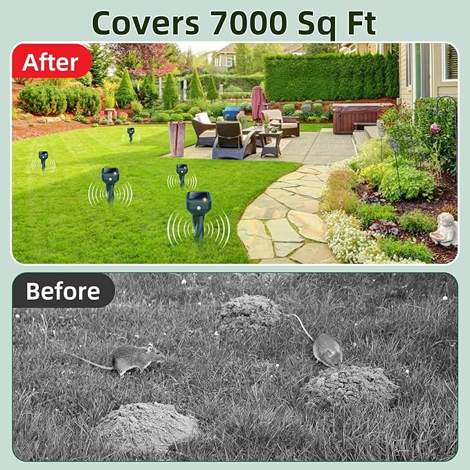 Mole Repellent Solar Powered, 4 Pack Snake & Rabbit Repellent for Yard, IP 65 Waterproof Ultrasonic Deterrent Stakes, Get Rid for Armadillo, Gopher, Vole, Chipmunk, Deer, Groundhog for Lawns Garden