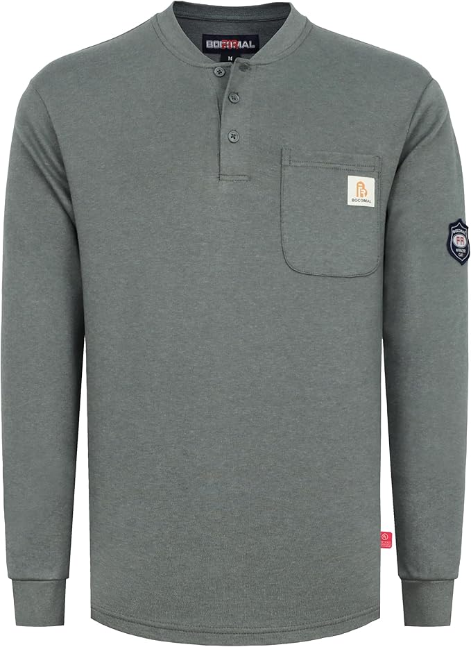 BOCOMAL FR Shirts Henley 7oz Midweight Fire Resistant Clothing NFPA2112 CAT2 Men's Flame Retardant Work Shirt