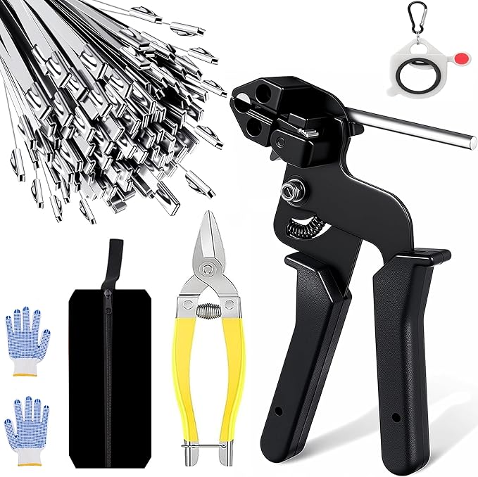 Stainless Steel Cable Tie Gun with Metal Zip Ties, for Fastening and Cutting Metal Cable Ties, 100pcs 11.8inch Stainless Steel Zip Ties heavy duty for Chain Link Fence, Exhaust Pipe Outdoor