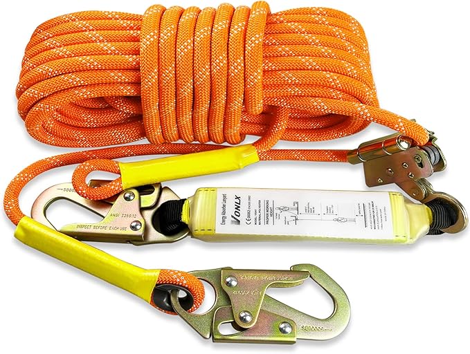 Fall Protection Safety Rope 50FT Heavy Duty Vertical Roofing Ropes with Alloy Steel Grab Snap Hooks Shock Absorber Fall Protection Tree Climbing Line Kit Tree Stand Safety Rope Line Kit