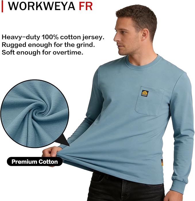 WORKWEYA Men's FR Shirts 6.5oz Lightweight Long Sleeve Flame Resistant T-Shirt NFPA 2112/CAT2
