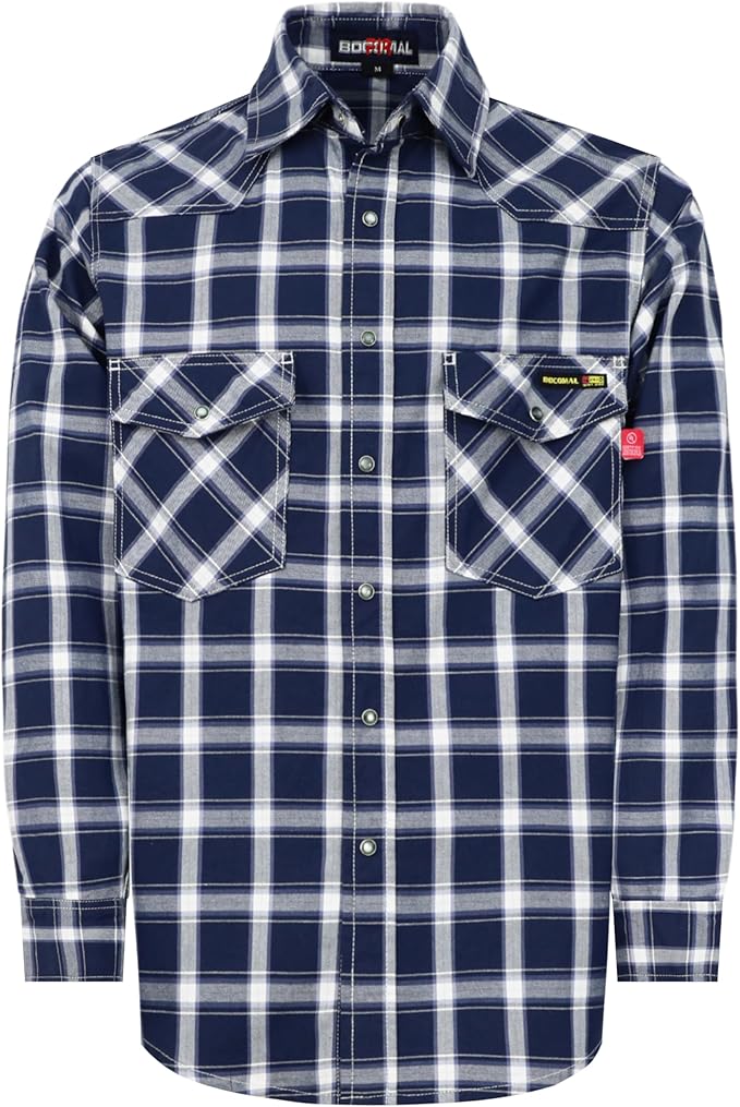 BOCOMAL FR Shirts Flame Resistant 100% C NFPA2112 7.5oz Men's Fire Retardant Welding Shirt