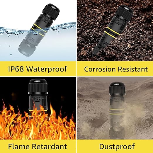 Waterproof Electrical Cable Connector,NineLeaf 12PK 3-PIN M20 Extension Electrical Cable Protector for Cable Diameter Ø5-12mm,Outdoor Power Cable Connector Joint for Garden,Water Pond Lights, Black