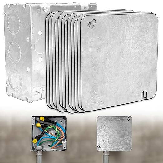 (Pack of 12) Airmont Products 4-11/16" Square Blank Metal Electrical Box Cover, .0625" Thick Galvanized Steel, Flat Square Junction Box Cover Plate with Keyhole & Slotted Mount, 4-11/16'' Blank Cover