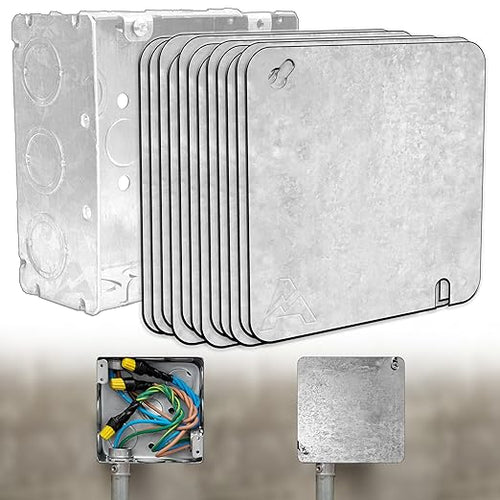 (Pack of 12) Airmont Products 4-11/16" Square Blank Metal Electrical Box Cover, .0625" Thick Galvanized Steel, Flat Square Junction Box Cover Plate with Keyhole & Slotted Mount, 4-11/16'' Blank Cover