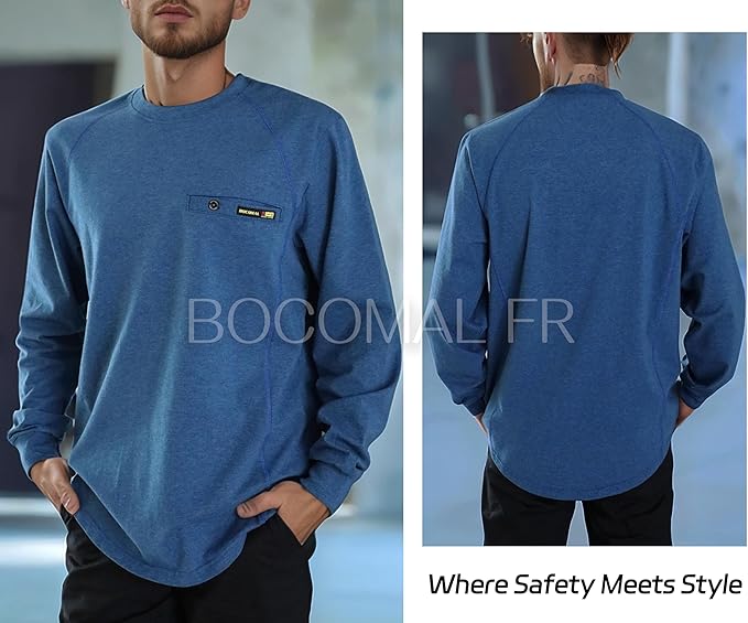 BOCOMAL FR Shirts for Men Melt Pocket Lightweight Crew T-Shirt NFPA2112/CAT2 Fire Resistant Work Shirt