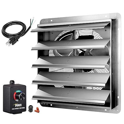 Simple Deluxe 20 Inch Wall Mounted Shutter Exhaust Fan with Speed Controller and Power Cord Kit, Aluminum, 1200 RPM, 3368 CFM, for Attic, Garage, Louvered Vent, Plant, Greenhouse, Silver