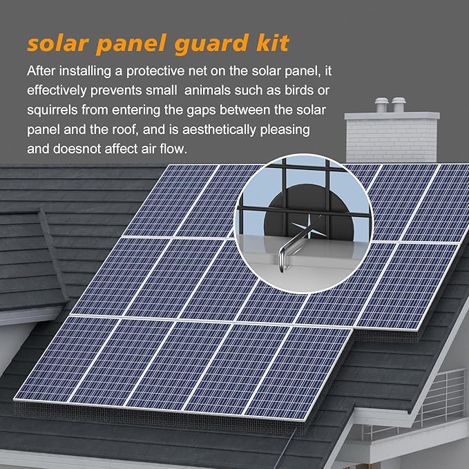 Solar Panel Bird Guard Black PVC1/2 inch 6in * 100FT Anti Bird roll mesh kit with 70 Sets of Fasteners Critter Guard for Solar Panels can Prevent Pigeons Birds from Entering The Interior