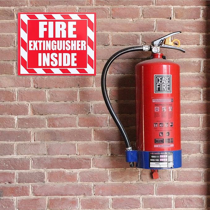 Fasmov 10 Pack Fire Extinguisher Inside Sticker Sign, 5" x 4" Self-Adhesive Vinyl Decals, Weatherproof & UV Protected for Cars, Trailers, Rv's, Trucks and Vehicles, Red on White