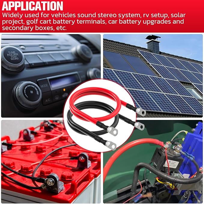 1/0 AWG Battery Cable 1/0AWG Gauge Battery Inverter Cables for Automotive Solar Marine Boat RV Car Motorcycle (1/0 AWG, 3FT, 3/8")