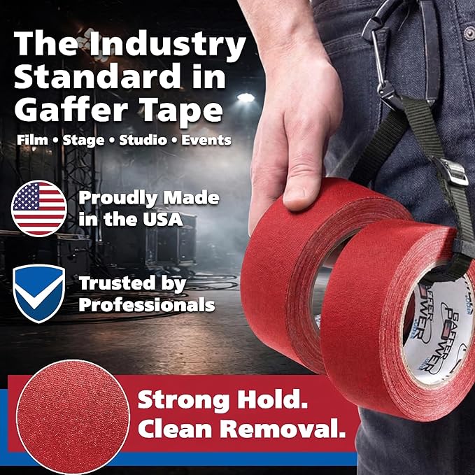 Gaffer Power Red Gaffer Tape, 2 Inch x 30 Yards, Made in USA, Professional Grade Gaffers Tape, Matte Non-Reflective, Strong Hold Clean Removal, Floor & Cable Marking Tape