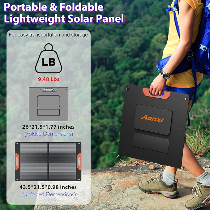 100W Portable Solar Panel for Power Station, Foldable Solar Charger with High 24% Efficiency, ETFE Coating, QC3.0 USB/Type-C & 100 watt 20V DC Output. Includes Adapters for Camping, RV, Emergency
