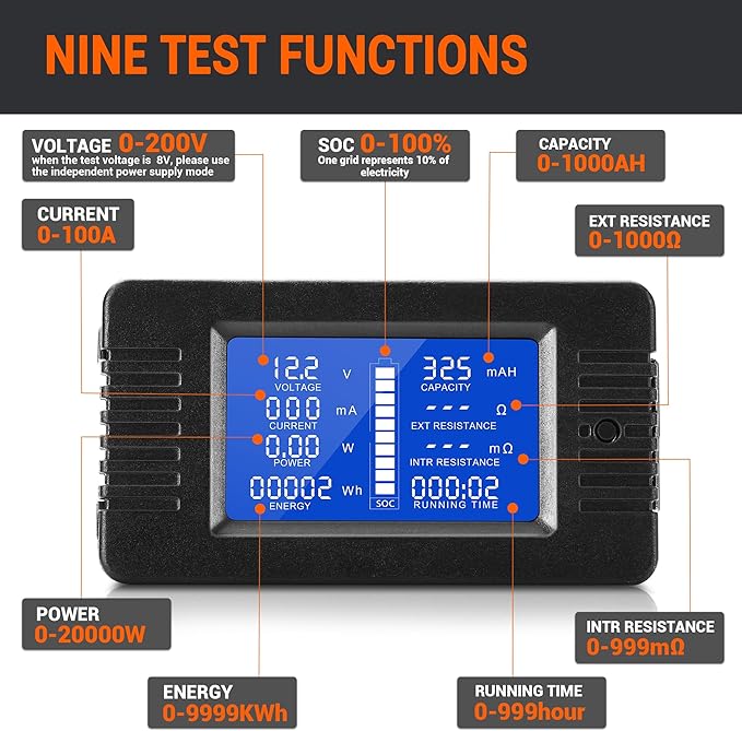 DC Multifunction Battery Monitor Meter, 0-200V 0-100A LCD Display Digital Current Multimeter Voltmeter Ammeter for Cars Rv Solar System