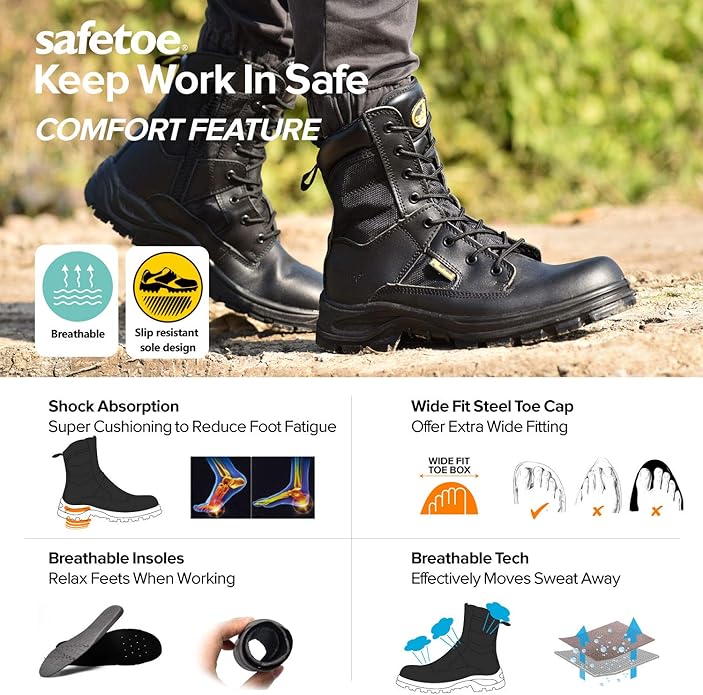Men's Military Tactical Boots 8" Steel Toe Work Safety Boots with Side Zipper Lightweight Army Combat Boots