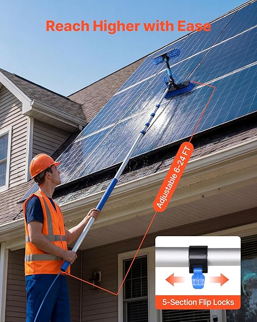 VEVOR Solar Panel Cleaning Kit, 24 ft, Water Fed Pole Kit with Cleaning Brush, Soap Dispenser, Extendable Aluminum Telescopic Pole, 180° Rotatable Brush Head, for Roof Mounted Solar Panels, Windows