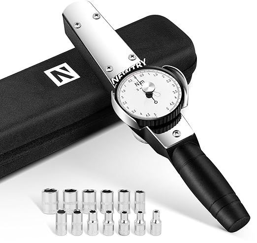NEWTRY Dial Torque Wrench, 0.5-5N.m Dial Indicator Torque Wrench with Sockets Set (4-14mm), Precision Torque Meter, 1/4 inch Pound Dial Torque Wrench Torque Force Tester