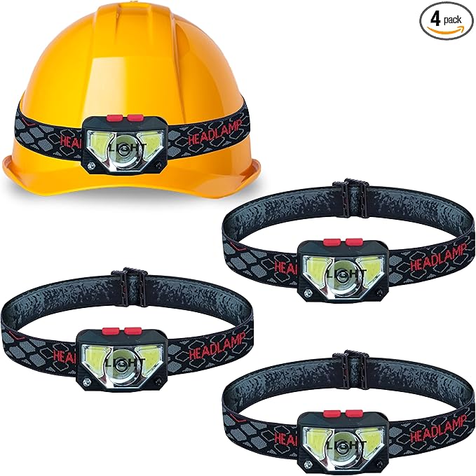 Skywin Hard Hat Light, Headlamp Rechargeable, 4 Pack Lightweight USB, XPG+COB 3 LED 200 Lumen Camping Helmet Light for Adults with Red Light IP44 Waterproof (Hard Hat Not Incl)
