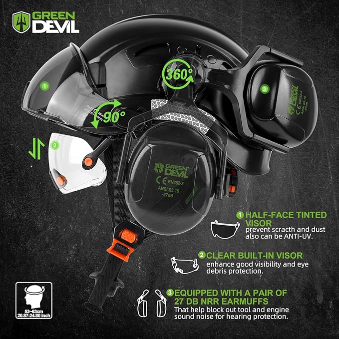 GREEN DEVIL Hard Hat Safety Helmet with Visor and Ear Muffs Men Women Vented Work Hardhat ANSI Z89.1 Cascos De Construccion for Industrial Construction Forestry