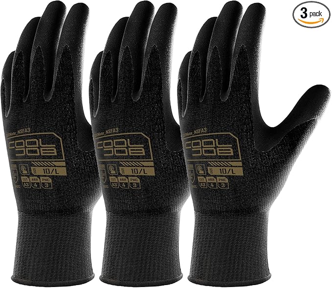 COOLJOB A3 Cut Resistant Safety Work Gloves for Men and Women, Black Nitrile Rubber Fishing Gloves, Touchscreen, Knife Proof, Extra Hand Protection for Wood Cutting, 3 Pairs Medium