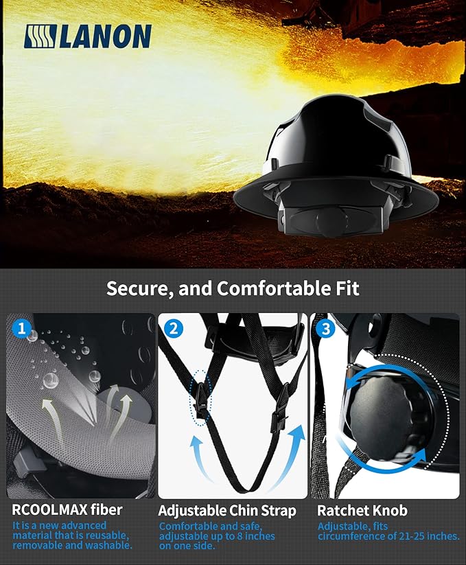 LANON Black Full Brim Hard Hat, OSHA Construction Work Approved, HDPE Safety Helmet with 4 Point Adjustable Ratchet Suspension, Class E, G & C