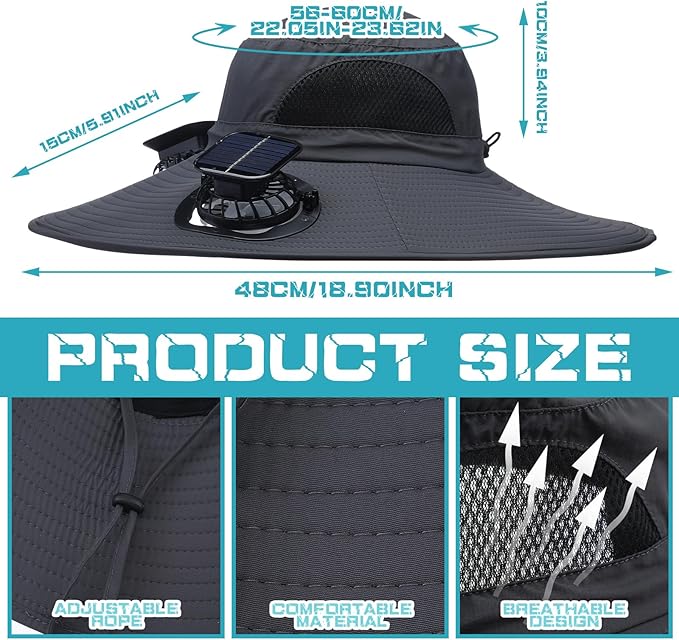 Berlune Men Sun Hat with 2 Solar Fans Wide Brim Outdoor Fishing Hat USB & Solar Powered for Sun Protection Camping Hiking