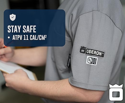 Oberon FR Arc Rated Safety Shirt For Men - Flame Resistant Cotton T-shirt - 11 Cal - Chest Pocket - Navy Blue, Gray