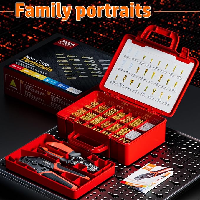 PEBA Open Barrel Crimping Tool Kit - 20 Sizes Spade Connectors Open Terminals & AWG 24-14 Ratcheting Wire Crimper, 2.8/3.9/4.8/6.3mm Non-Insulated Copper Terminals for Car Audio Speaker, Auto Wiring