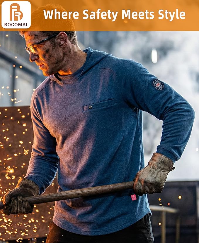 BOCOMAL FR Hooded T Shirts Chest Pocket Fire Resistant Summer Hoodie NFPA2112 CAT2 Flame Retardant FRC Welding Work Shirt