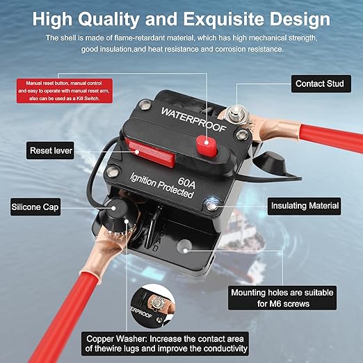 100 Amp Marine Circuit Breaker Switch for Trolling Motor Battery Box, Manual Reset Waterproof 12V- 48V DC 100A for Car Trolling ATV Trailer Vehicles Stereo Audio Electronic Battery Solar System