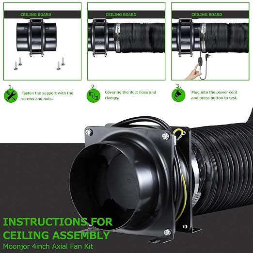 4inch Axial Fan Kit, Exhaust Extractor Blower Ventilation Fan with Button Switch, Dryer Hose for Grow Tent, HVAC, 3D Printer