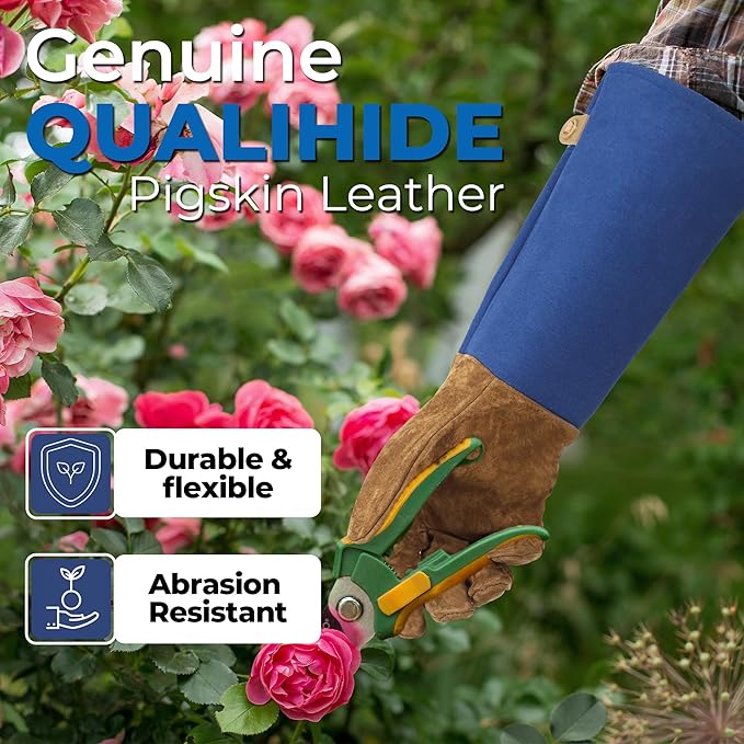 HANDLANDY Long Gardening Gloves for Men & Women, Pigskin Leather Rose Pruning Gloves, Breathable Thorn Proof Gauntlet Glove (Blue, L)