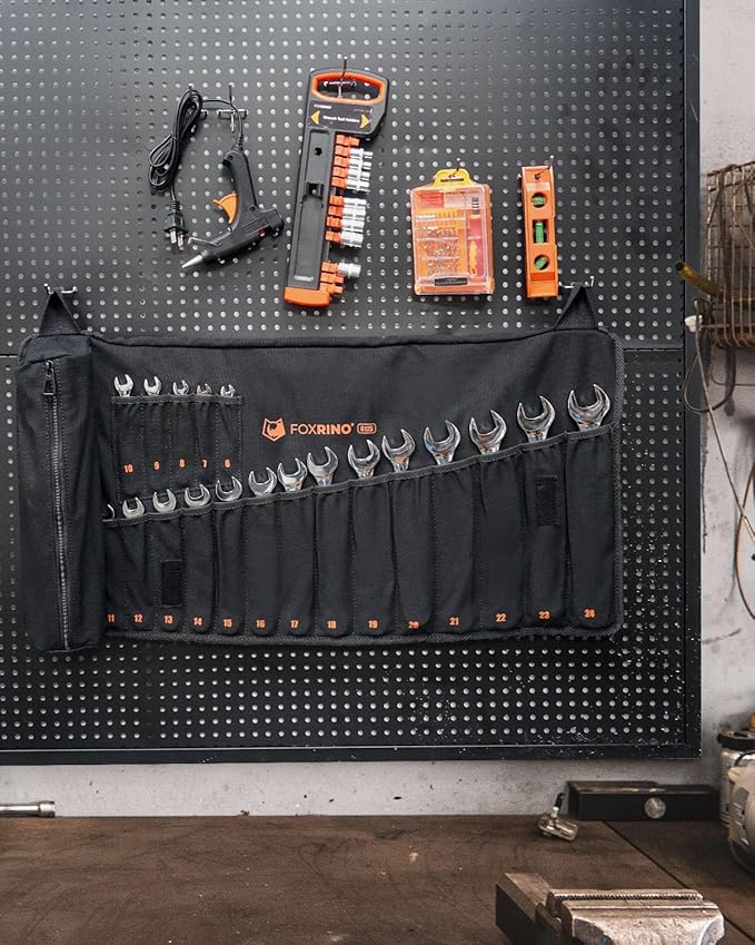 Wrench Roll, Wrench Roll Up Pouch, 19-Pocket Heavy Duty Canvas Wrench Organizer Bag for Metric Combination Wrenches, Portable Tool Roll Bag, Gifts for Men for Christmas(Black, 19+1 Metric)