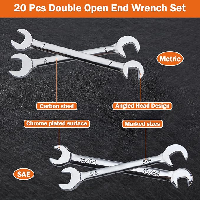 Mini Double Open End Wrench Set Metric and SAE 20 Pcs 4-11mm & 5/32" to 7/16" Mirror Chrome Finish Super Thin Open Ended Spanner Double Angle Head with Portable Storage Pouches