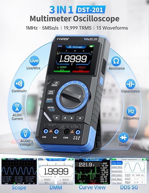 FNIRSI DST-201 3IN1 Digital Multimeter 19999 Counts TRMS, 1MHz Bandwidth Handheld Oscilloscope Multimeter DDS Generator, 5MSa/s Sample Rate, AC/DC Voltage Current Capacitor Resistor Diode Temperature