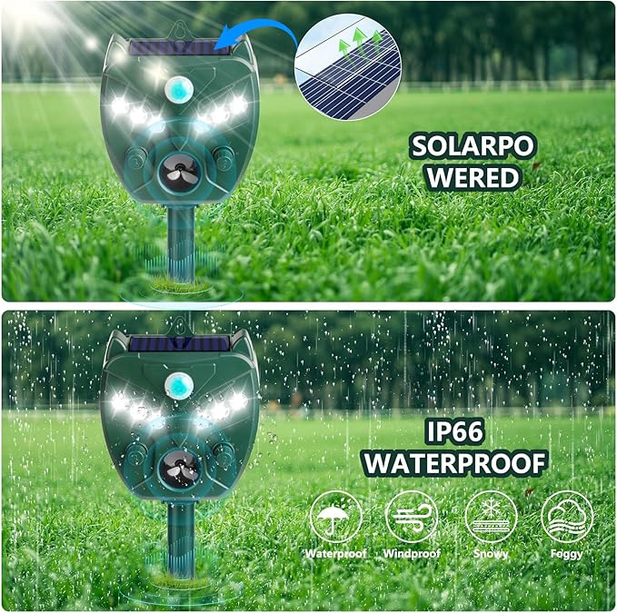 2 Pack 2026 Upgraded Solar Ultrasonic Animal Repellent Outdoor – Motion Activated Deer, Squirrel, Cat, Raccoon, Dog & Bird Deterrent with Multi-Frequency LED Strobe & Ultrasonic Sweep for Yard Garden