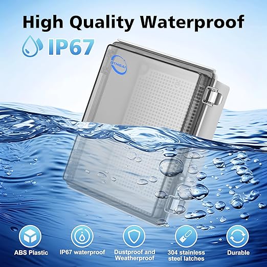 Waterproof Outdoor IP67 Junction Box (8.7"x6.7"x4.3") with Mounting Plate, Hinged Clear Cover and Wall Brackets - Weatherproof ABS Plastic Electrical Enclosure for DIY Projects (220x170x110mm)