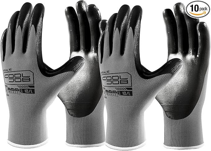 COOLJOB 10 Pairs Nitrile Dipped Safety Work Gloves with Grip, Non-slip Rubber Coated Bulk Garden Gloves for Men, Heavy-duty Oil Resistant for Truck Driver, Warehouse Box Handler, Medium, Gray