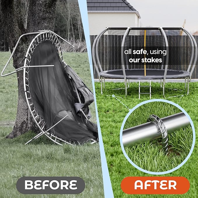 Happin® Trampoline Stakes, Trampoline Accessories, Ground Stakes Heavy Duty, Ground Anchors Screw in, Rebar Stakes, Tent Anchors, Yard Spikes, Galvanized Steel (8 Pack, Silver)