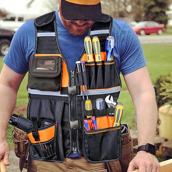 Electrician Tool Vest for Men, Tool Vest Electrician with Molded Drill Holster, 1680D Heavy Duty Adjustable Work Vest, Reflective Workwear with 16 Storage Spaces (Orange)