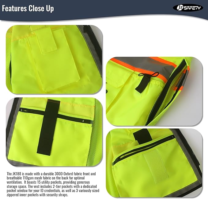 JKSafety Hi-Vis Unisex Surveyor Safety Vest Heavy Duty PPE Inner Pockets ANSI/ISEA Compliant