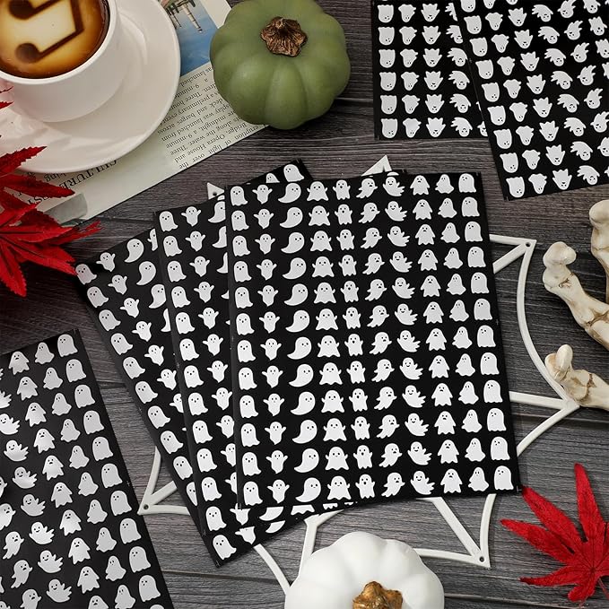 JarThenaAMCS 2400 Pcs Halloween Mini Sticker Ghost Paper Decals Black White Self-Adhesive Stickers for Envelopes Scrapbook Gifts DIY, 0.5 in