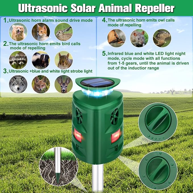Ultrasonic Animal Repellent Outdoor,2026 Cat Repellent Devices Deer Repellent Solar Animal Repeller with Motion Sensor & Flashing Light to Scare Deer Squirrel Rabbit Raccoon Cat Skunk for Yard Lawn
