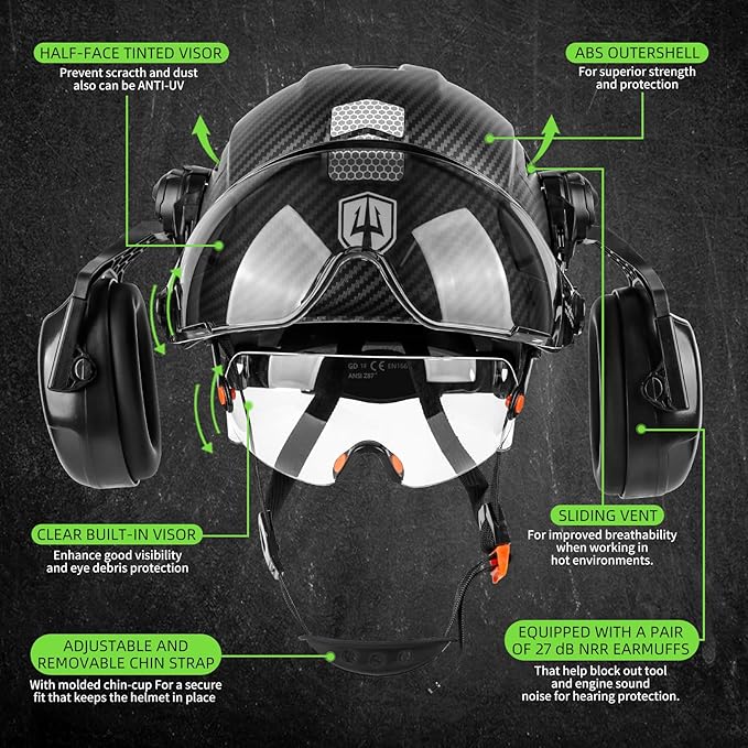 GREEN DEVIL Hard Hat Safety Helmet with Visor and Ear Muffs Men Women Vented Work Hardhat ANSI Z89.1 Cascos De Construccion for Industrial Construction Forestry